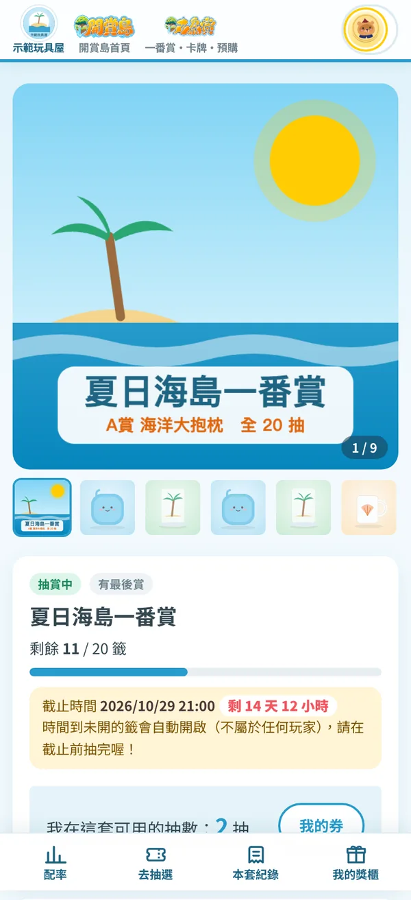 抽賞頁上方:剩餘籤數、截止時間與你可用的抽數