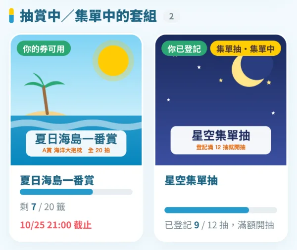 抽賞中的套組:標出你的券可用的套組